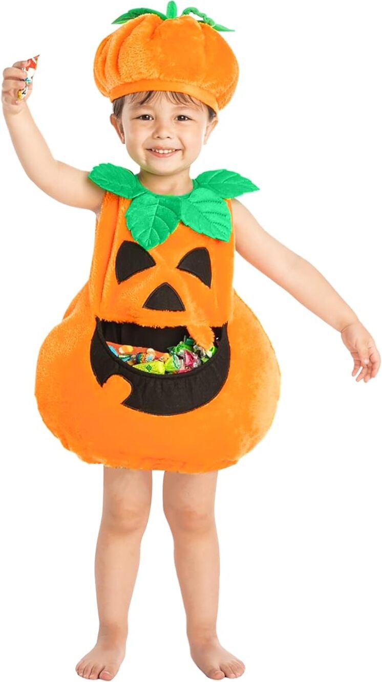 Feed Me Pumpkin Costume Kids Plush Toddler 3T Halloween Trick or Treat Pocket